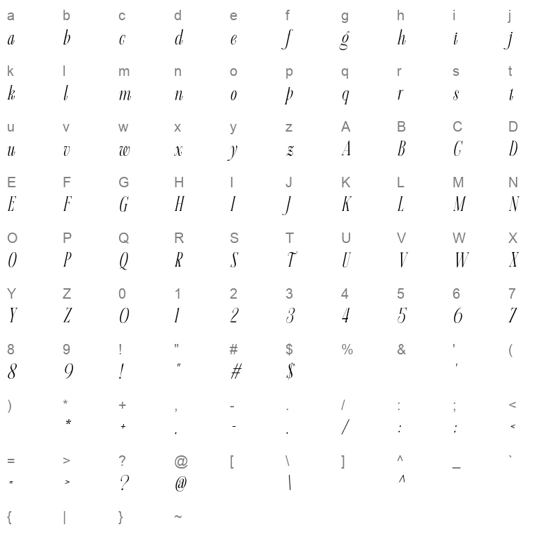 aurora moonlight italic Character Map