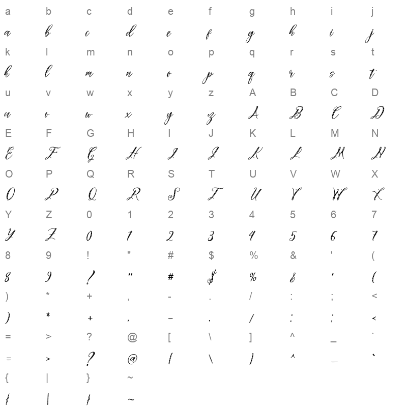 autumn elegant script Character Map