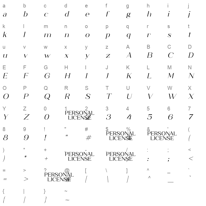 Avegas Royale Italic Character Map