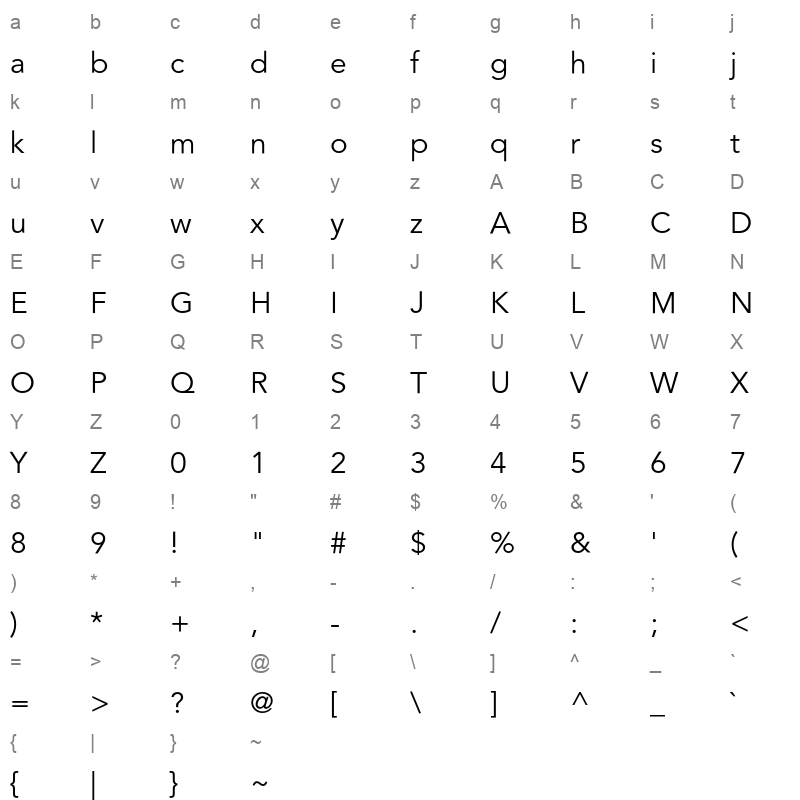 Avenir Book Character Map