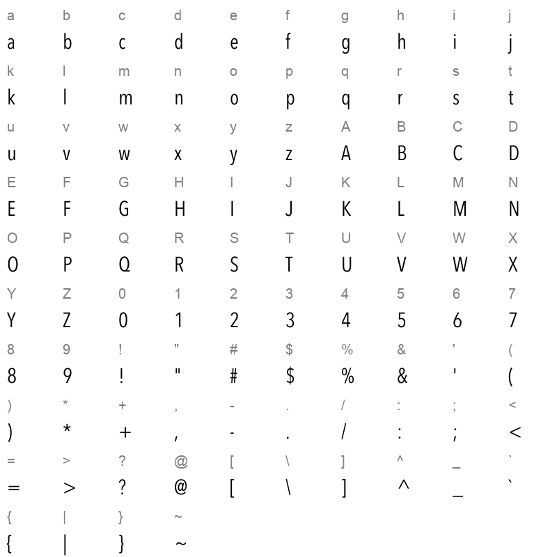 avenir next condensed regular Character Map