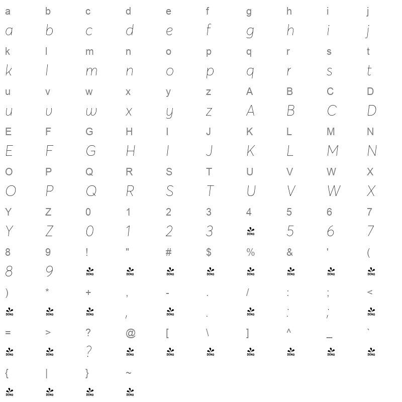 avertastdcy extra thin italic demo Character Map