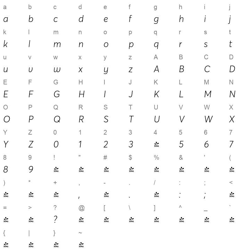 avertastdcy light italic demo Character Map