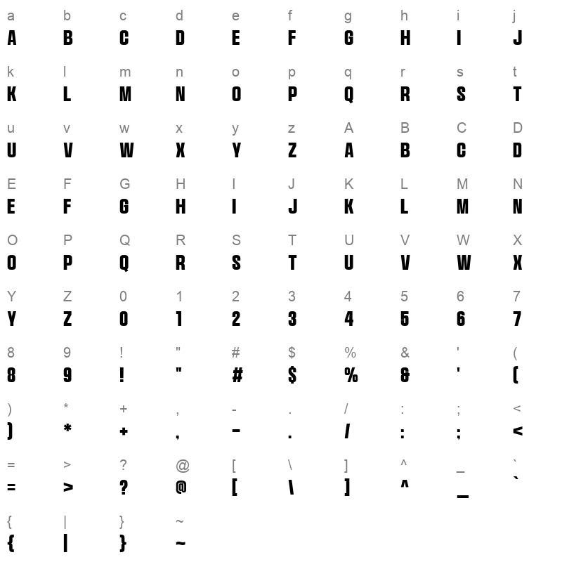 Avilock Bold Character Map