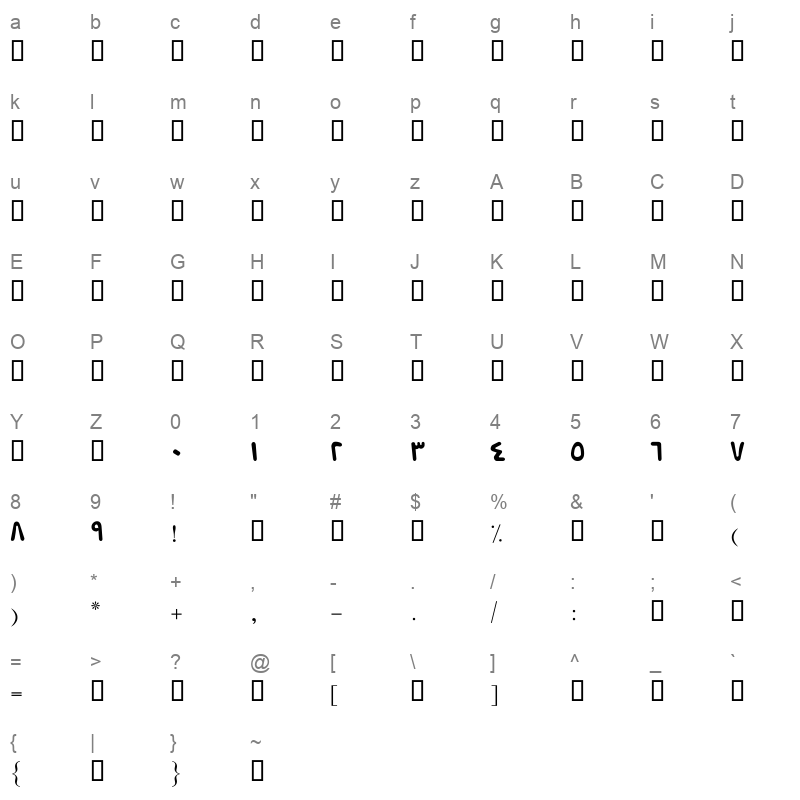 B Piramooz Text B2 Regular Character Map