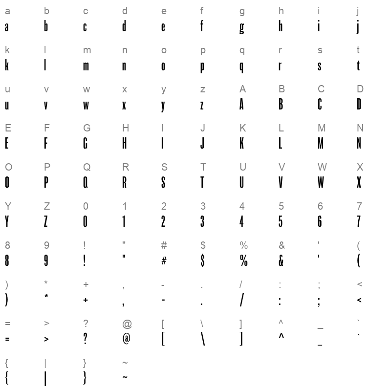 balboa extra condensed Character Map