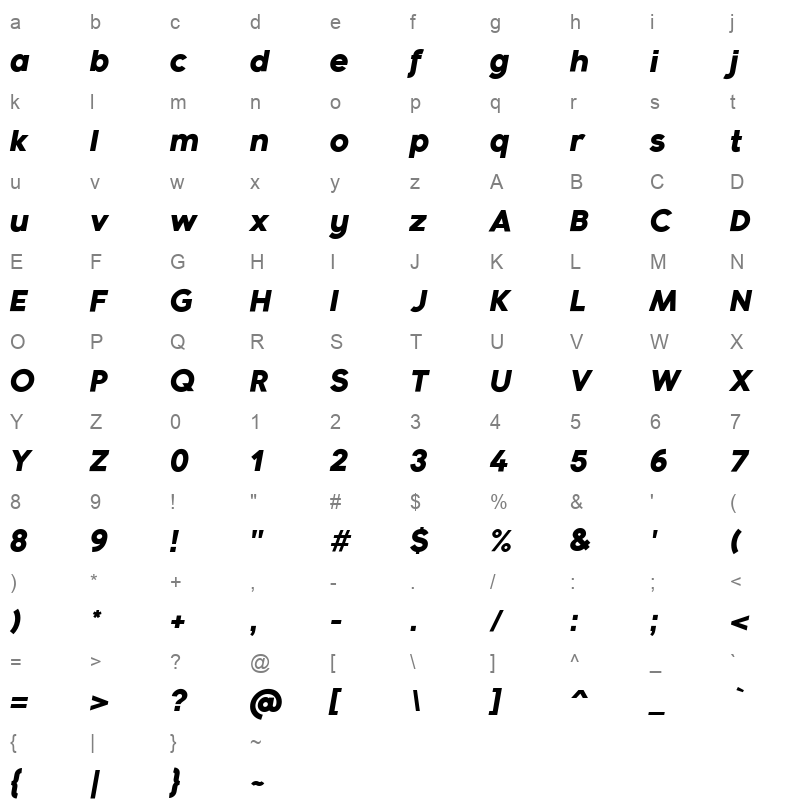 bambino new black italic Character Map
