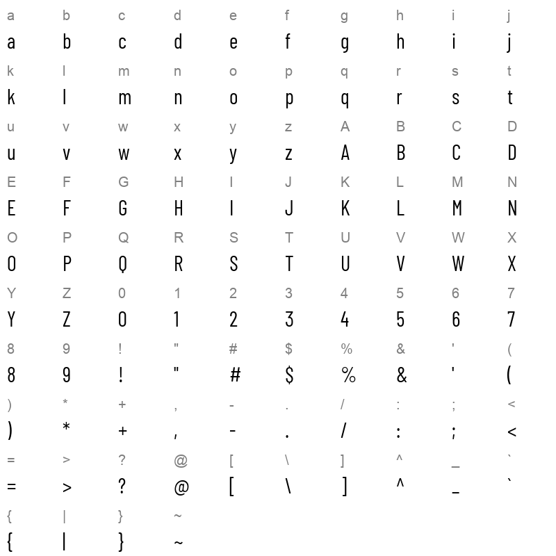 barlow condensed Character Map