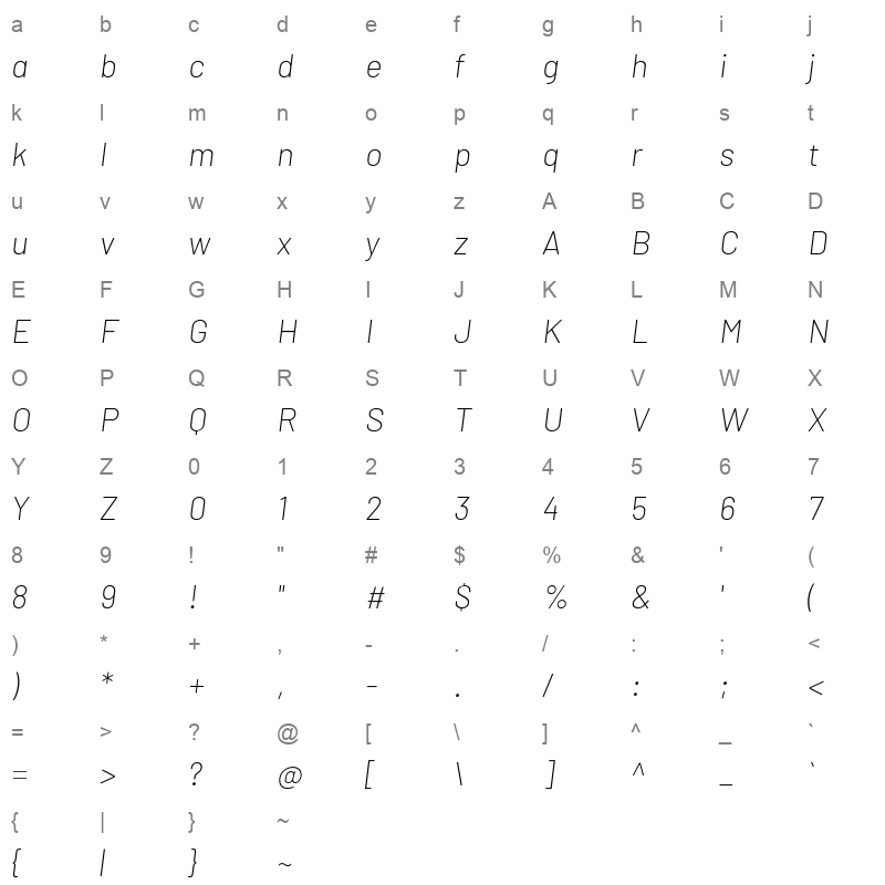 barlow extralightitalic Character Map