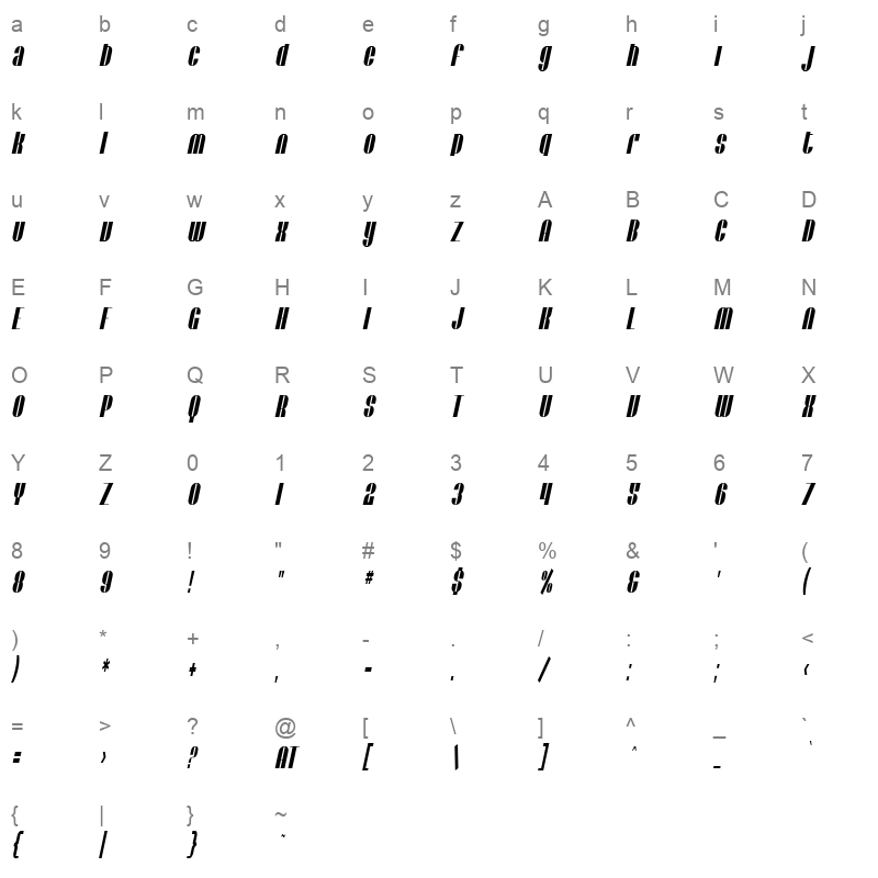 baroquesque extended oblique Character Map