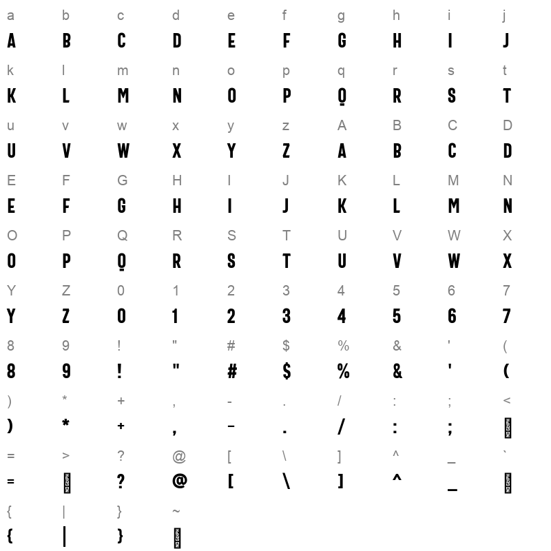 Bartender SemiCondensed Sans Character Map