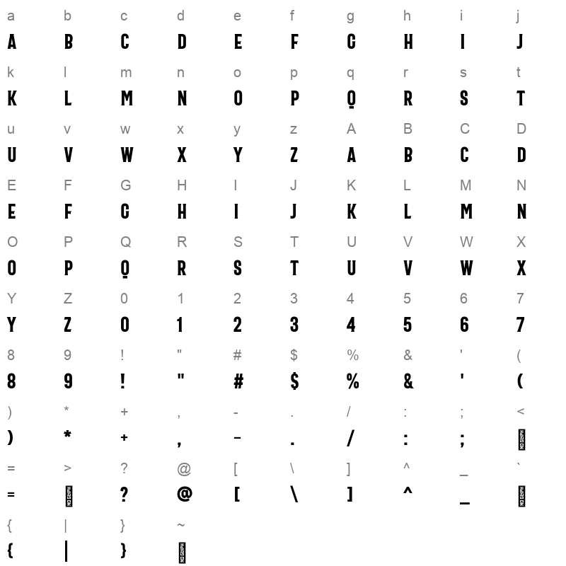 Bartender SemiCondensed Serif Character Map