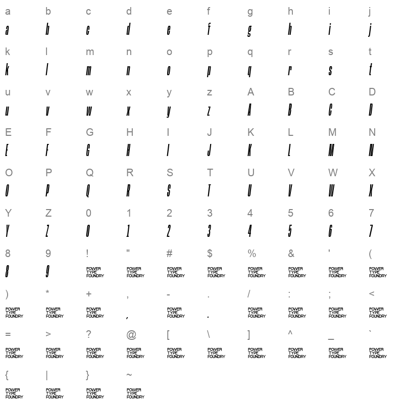 BaseNeue Super Cond Obliq Character Map