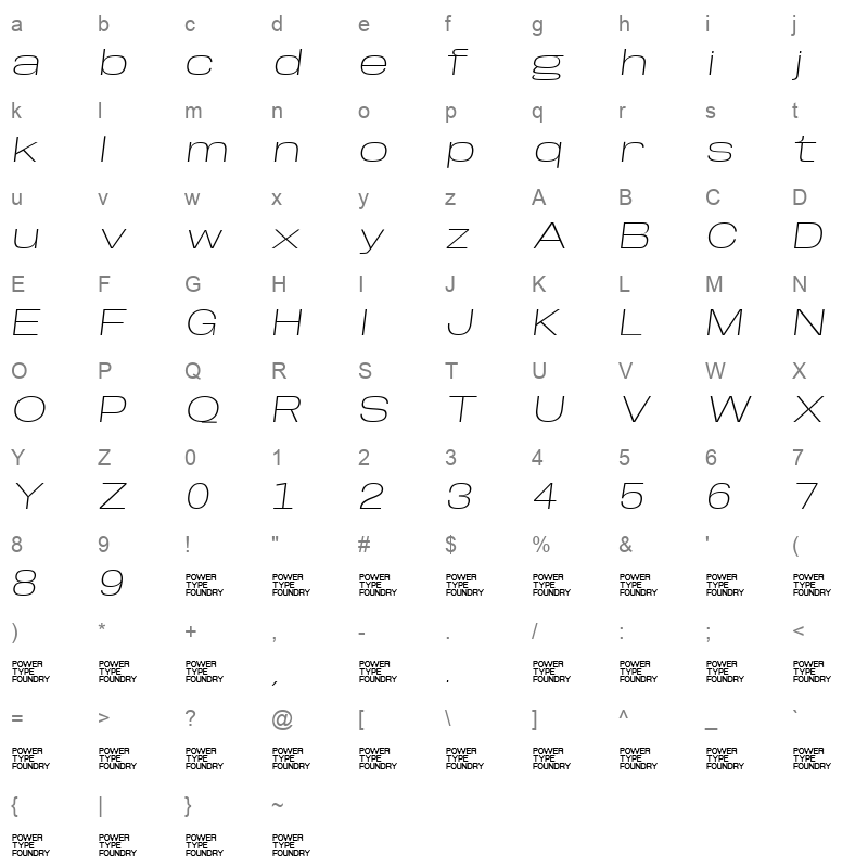 BaseNeue Super ExpExLtObl Character Map