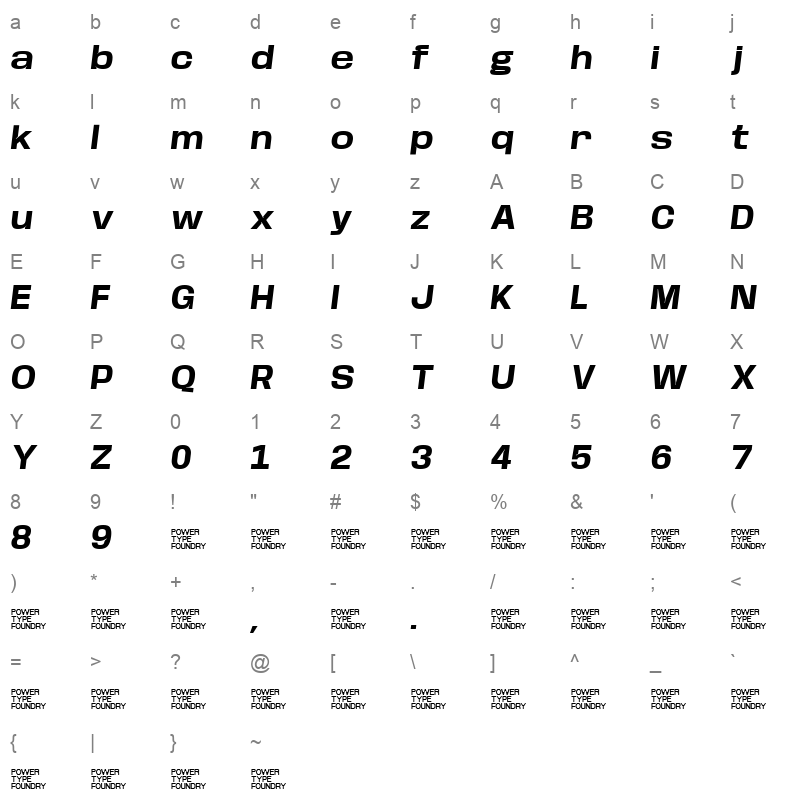 BaseNeue Wide Bold Oblique Character Map