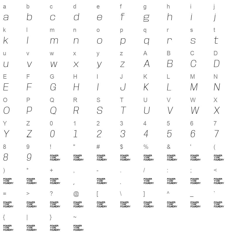 BaseNeue Wide ExtLtObliq Character Map