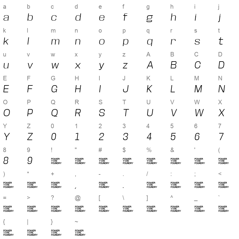 BaseNeue Wide Light Obliq Character Map