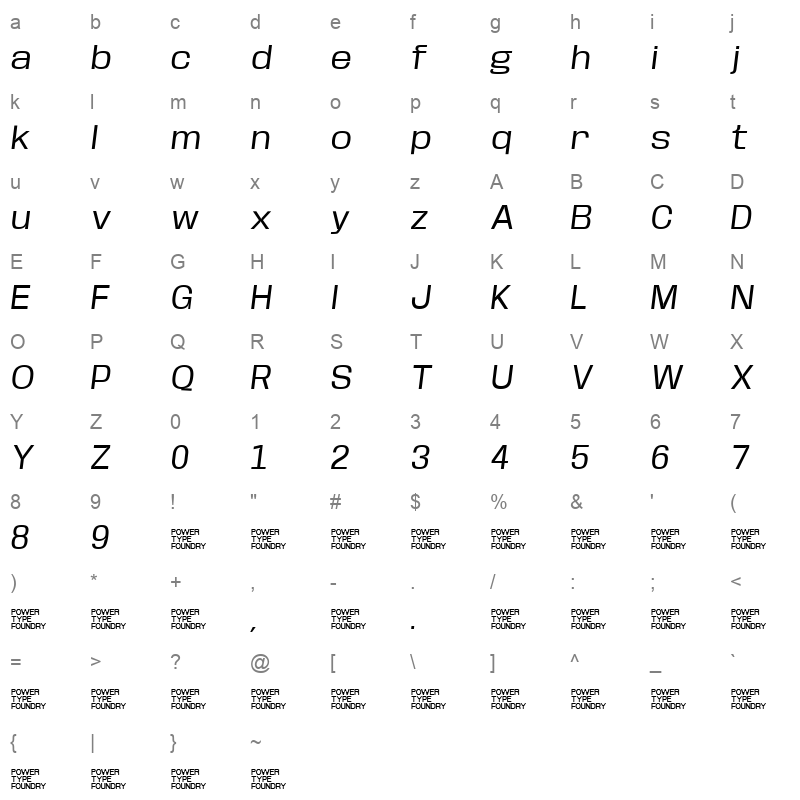 BaseNeue Wide Oblique Character Map