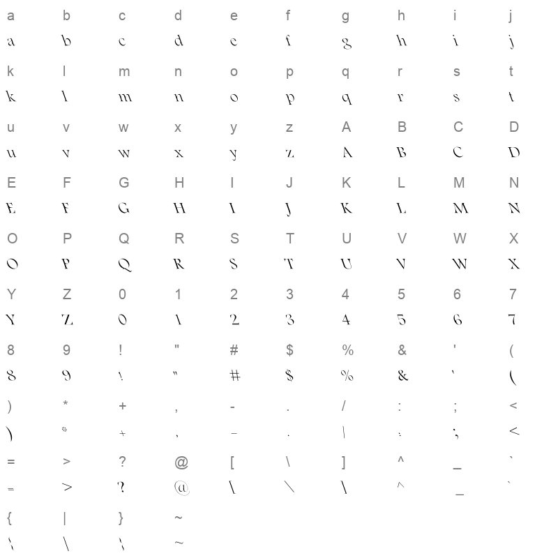 Basha 14F Light Italic Character Map