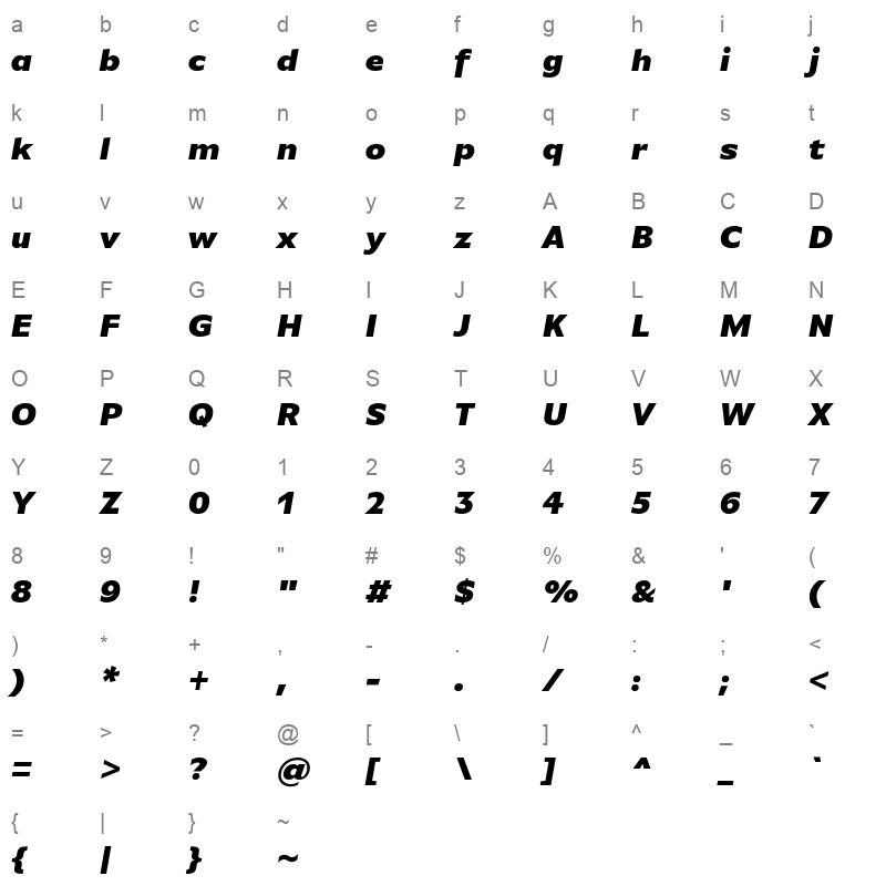 basic gothic pro blackitalic Character Map