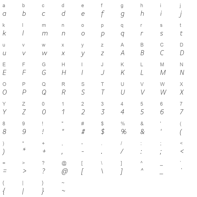 basic gothic pro extralight italic Character Map