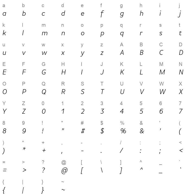 basic gothic pro lightitalic Character Map