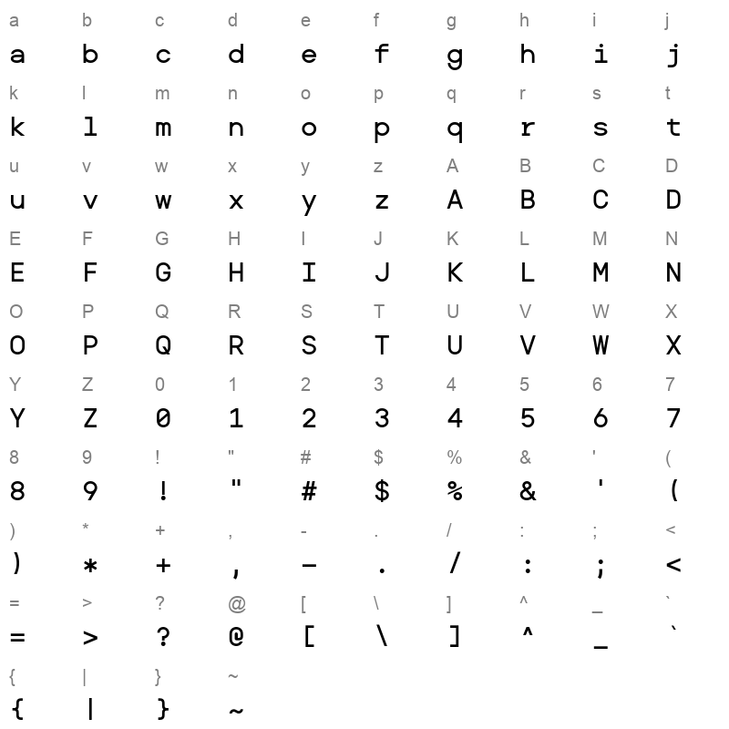 BasicallyAMono Medium Character Map