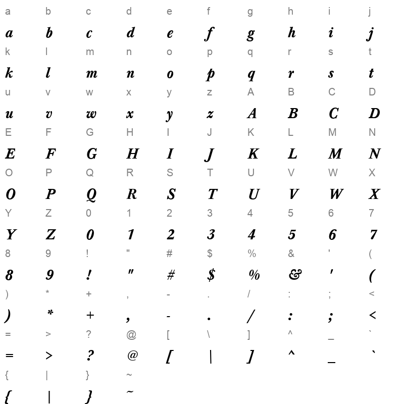 baskerville bold italic v1 Character Map
