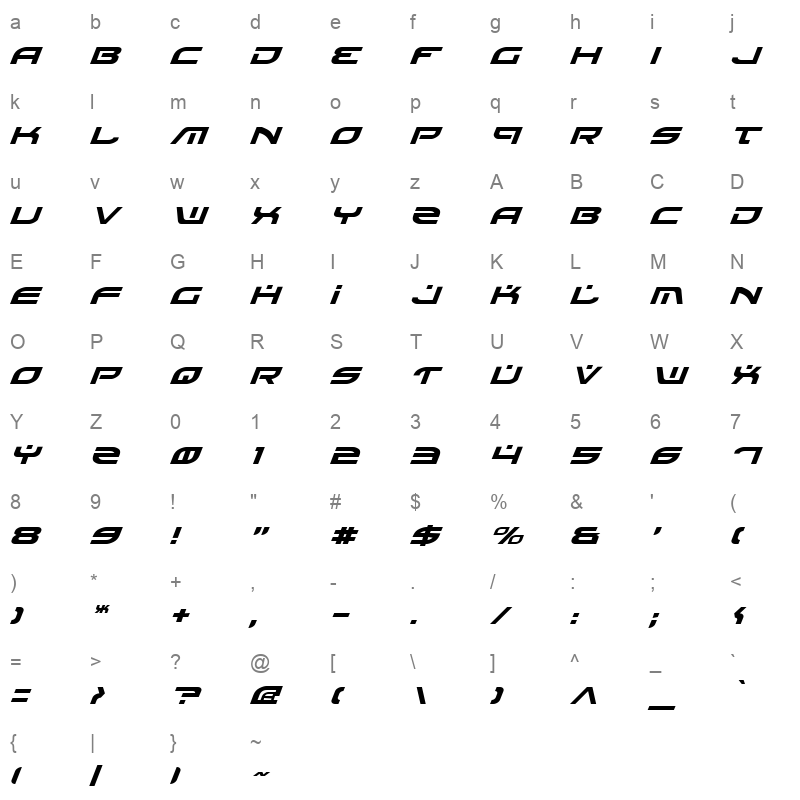 battlefield italic Character Map