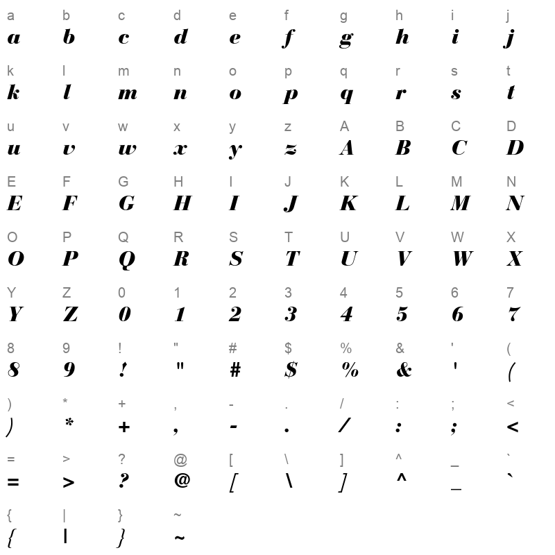 bauer bodoni std black italic Character Map