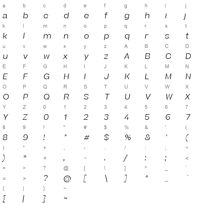 beatrice deck light italic Character Map