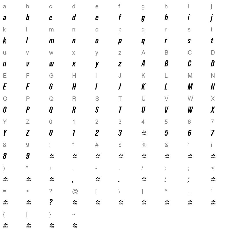 bebas neue pro bold italic Character Map