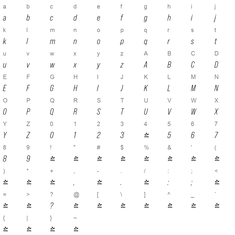 bebas neue pro book italic Character Map