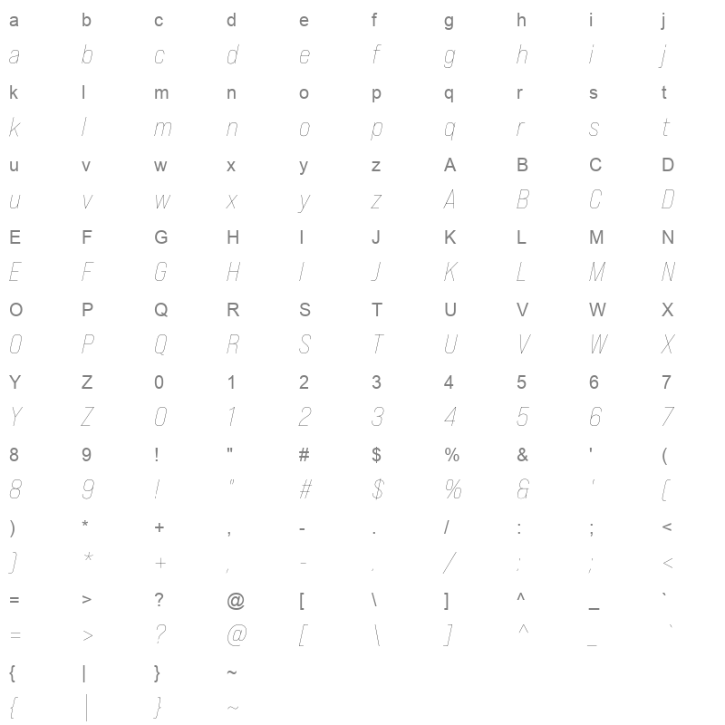 bebas neue pro semi expanded thin italic Character Map