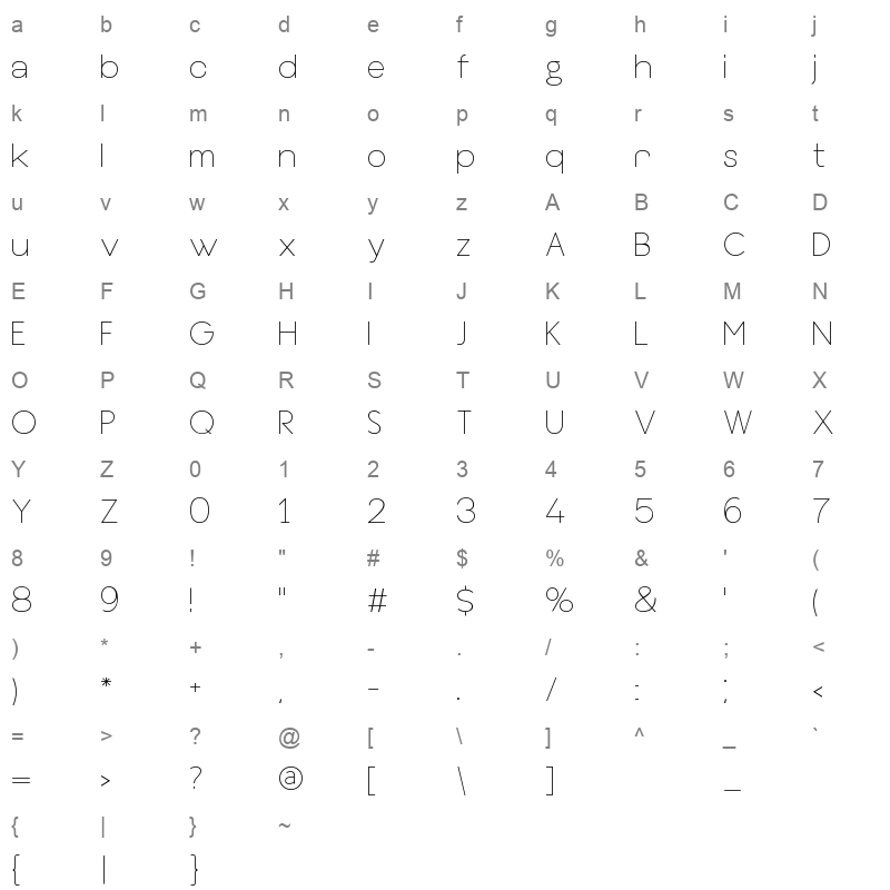 bennett extra light Character Map
