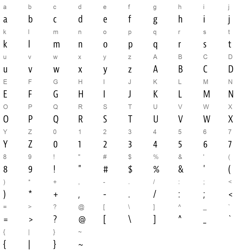 bernina sans condensed regular Character Map