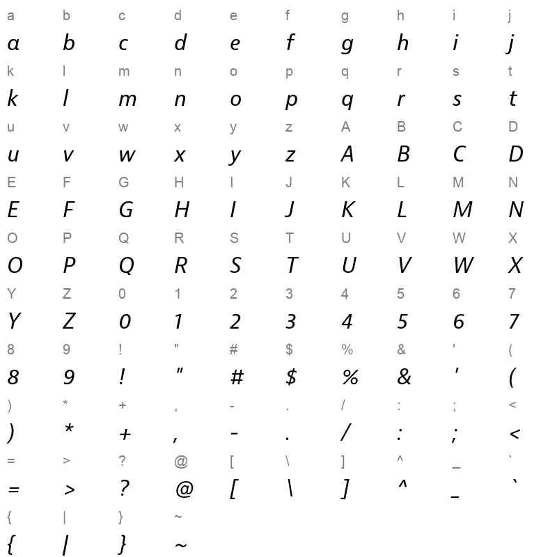 bernina sans italic Character Map