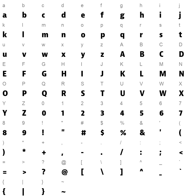 bernina sans narrow extrabold Character Map