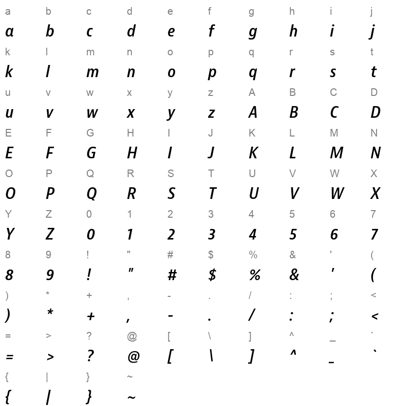 bernina sans narrow semibold italic Character Map