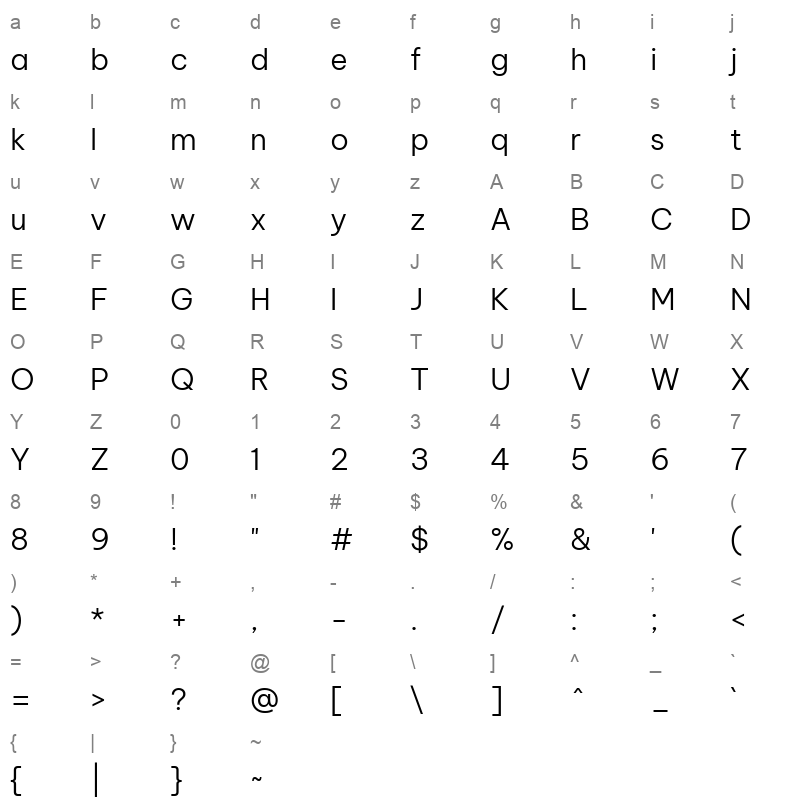 BeVietnamPro Light Character Map