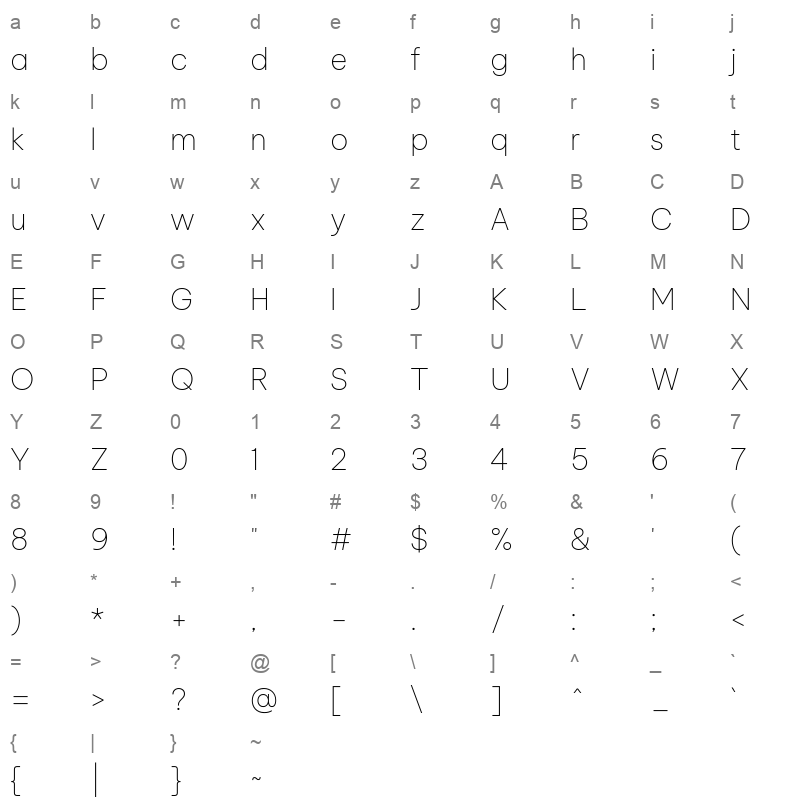 BeVietnamPro Thin Character Map