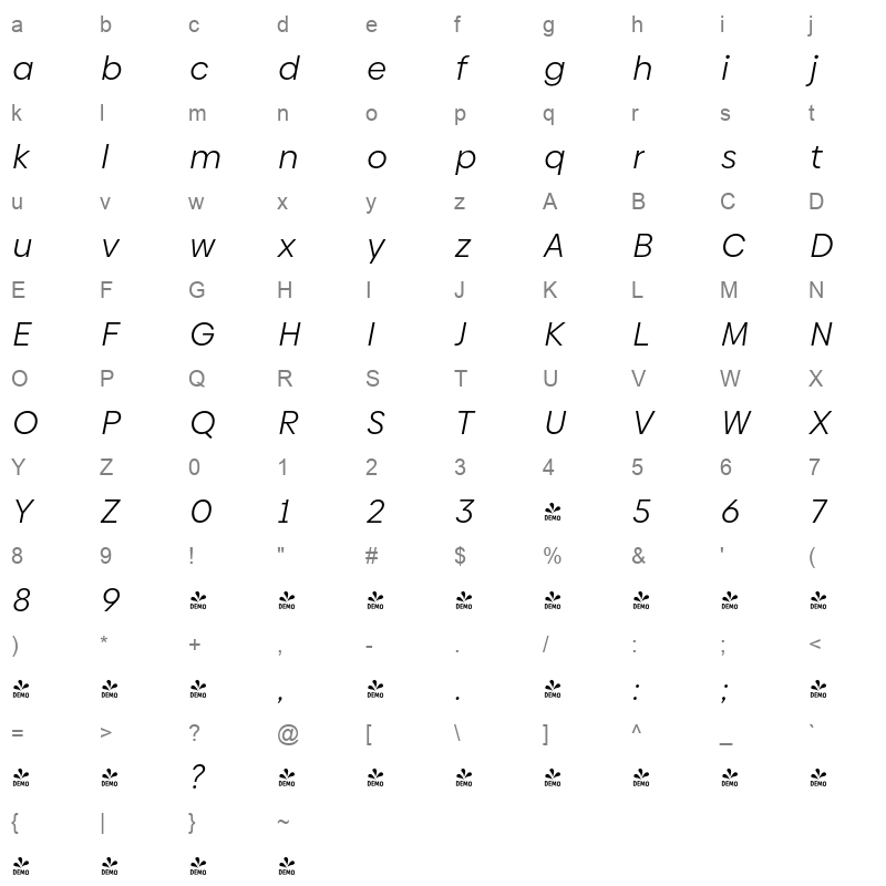 biennale book italic Character Map