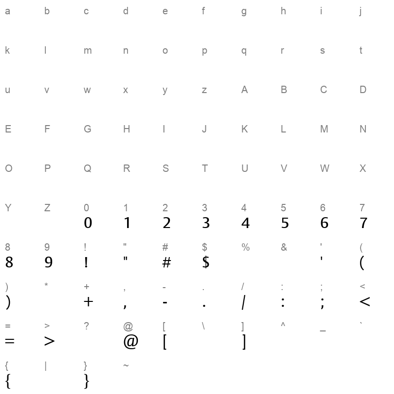 BigVesta Arabic Beta Regular Character Map