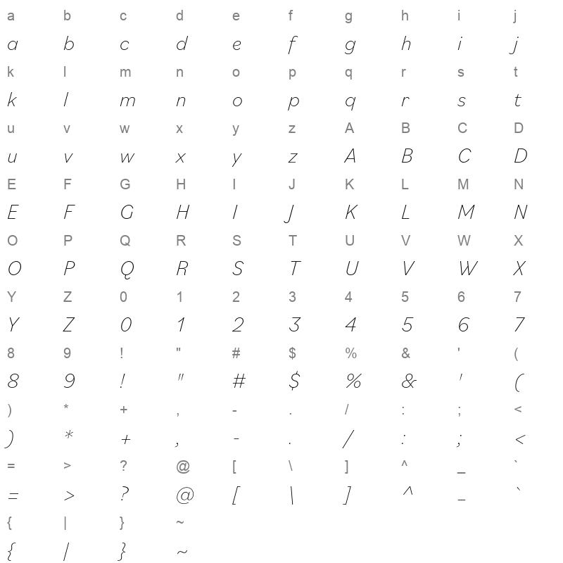 bilo extralight italic Character Map