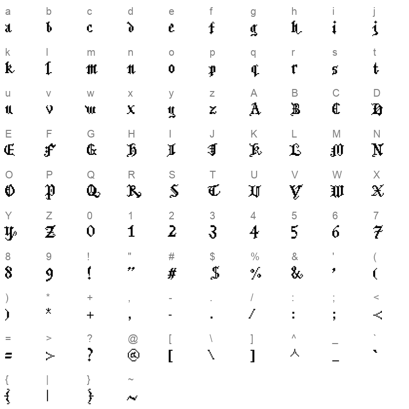 bitmgothic Character Map