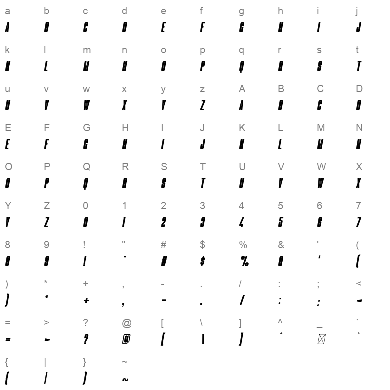 blackheat italic Character Map