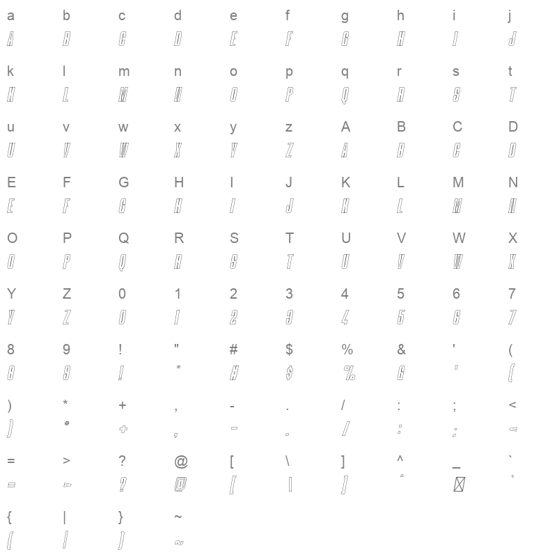 blackheat line italic Character Map