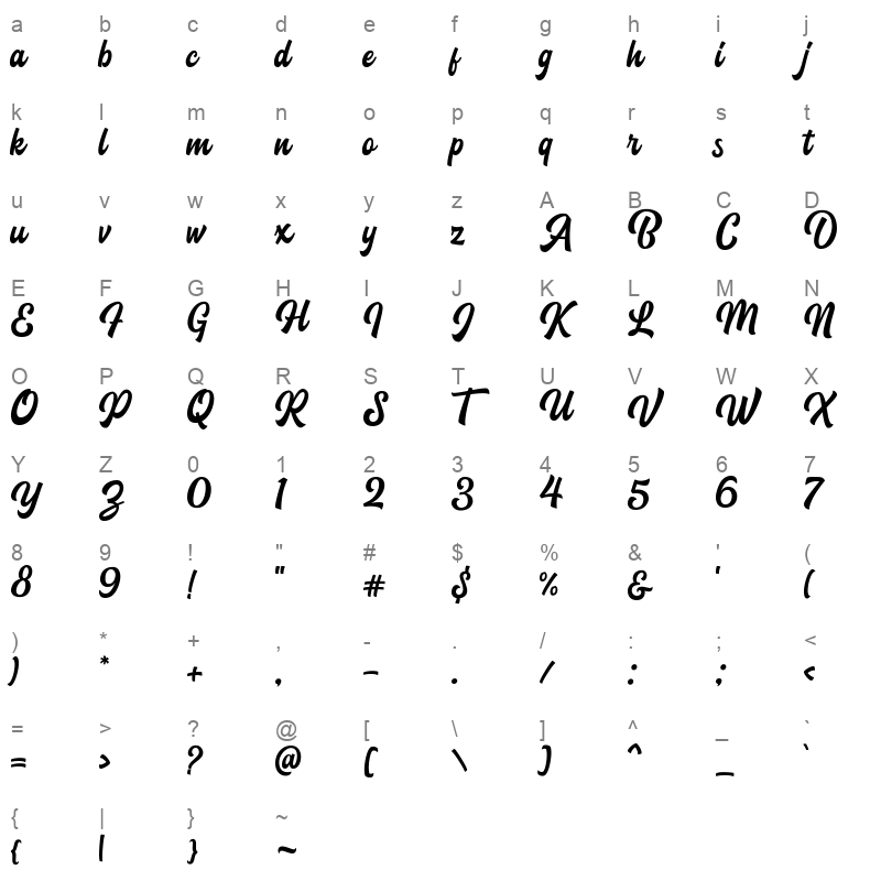 blacklite script Character Map