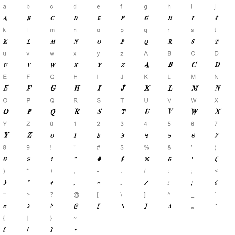 blood crow condensed italic Character Map