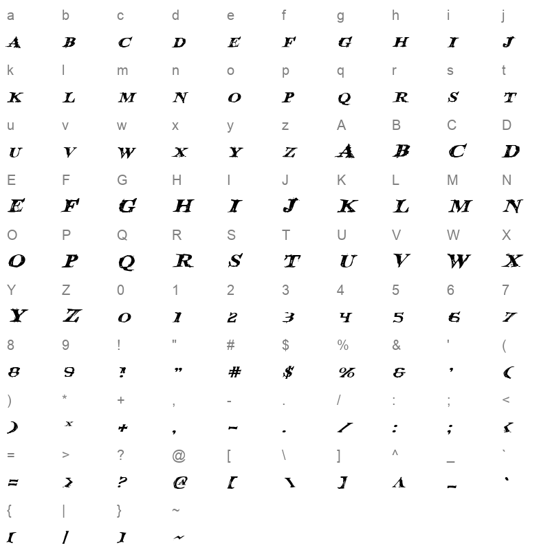 blood crow expanded italic Character Map